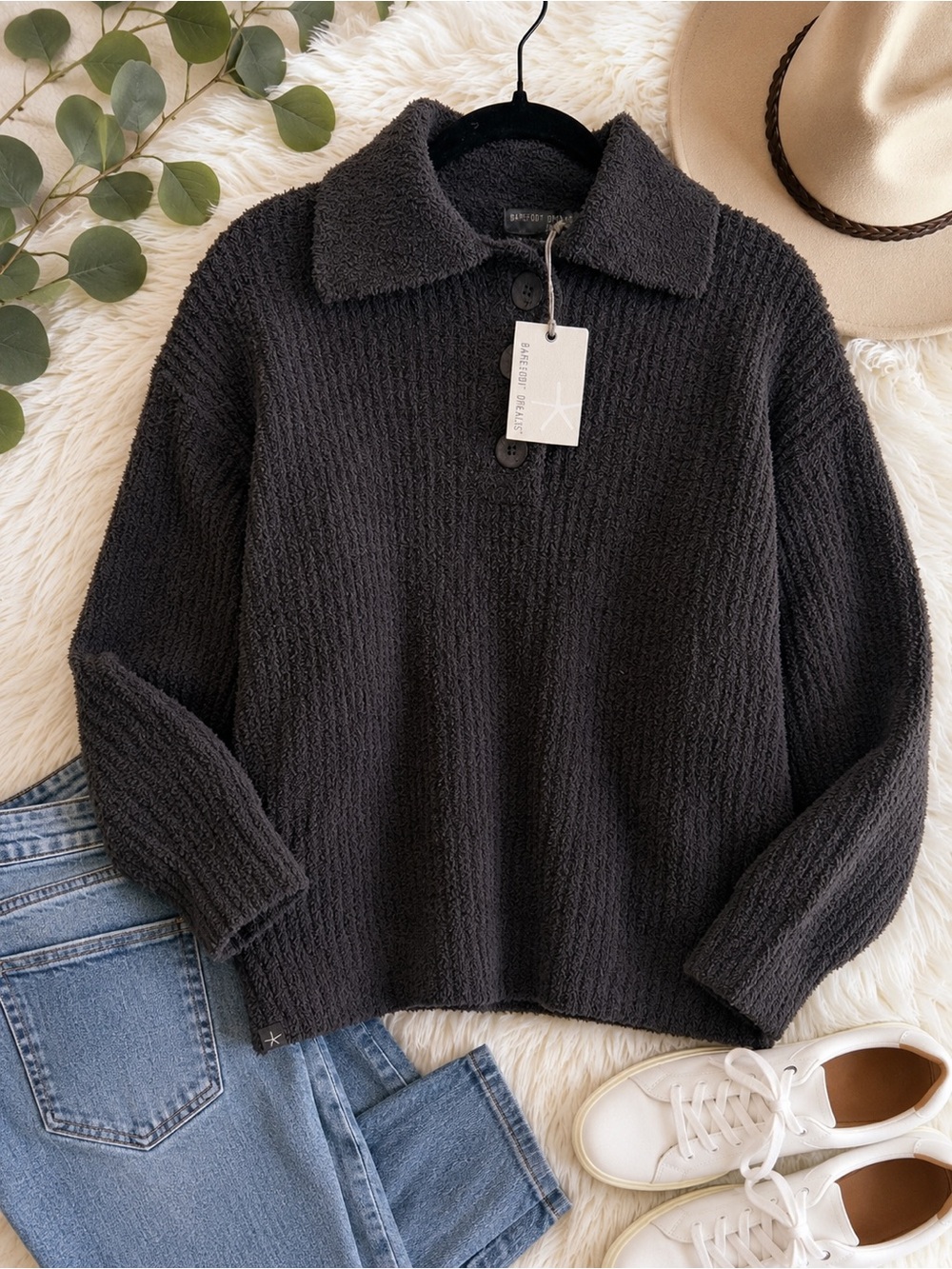 NWT Barefoot Dreams CozyChic Rib Collared Pullover Sweater XS Carbon Soft